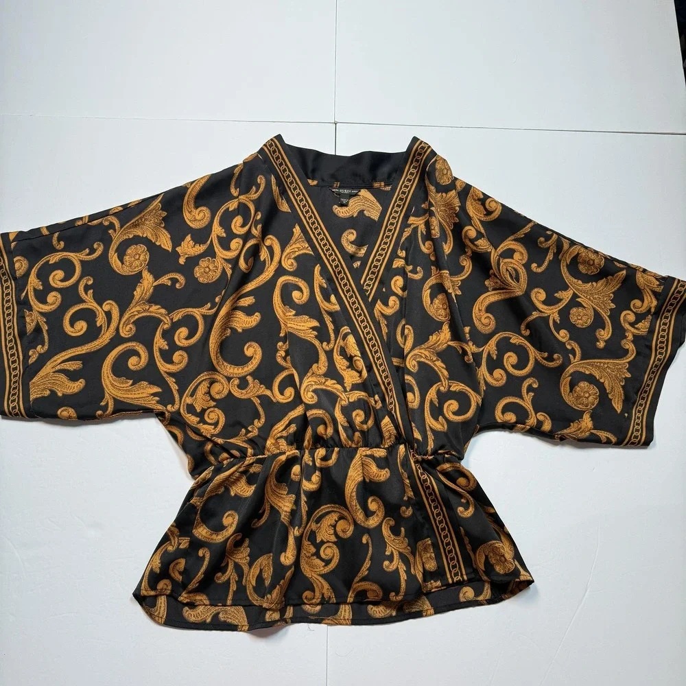 Guess Kimono Blouse Womens Medium Black Gold Baroque Floral Elastic Waist Top - Picture 1 of 5